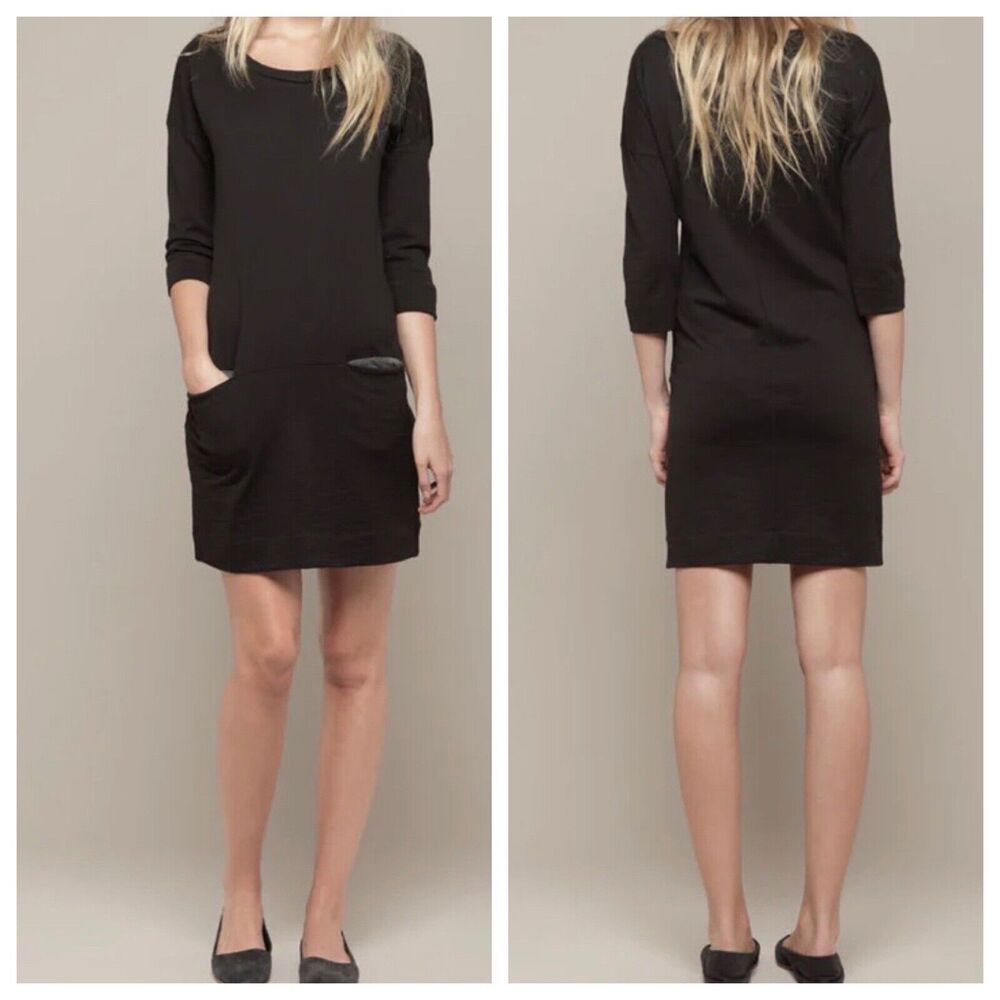 Rag & Bone Cornish Dress 3/4 Sleeve Black Knit Relaxed Dress w/ Pockets Sz S